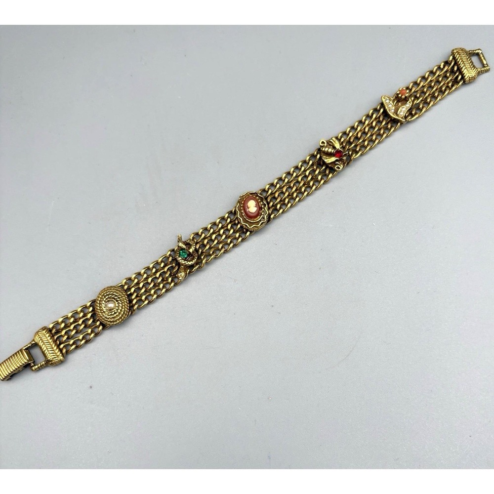 Vintage Goldette Triple Link Bracelet Cameo Snake Bee Mid-Century Gold Tone
